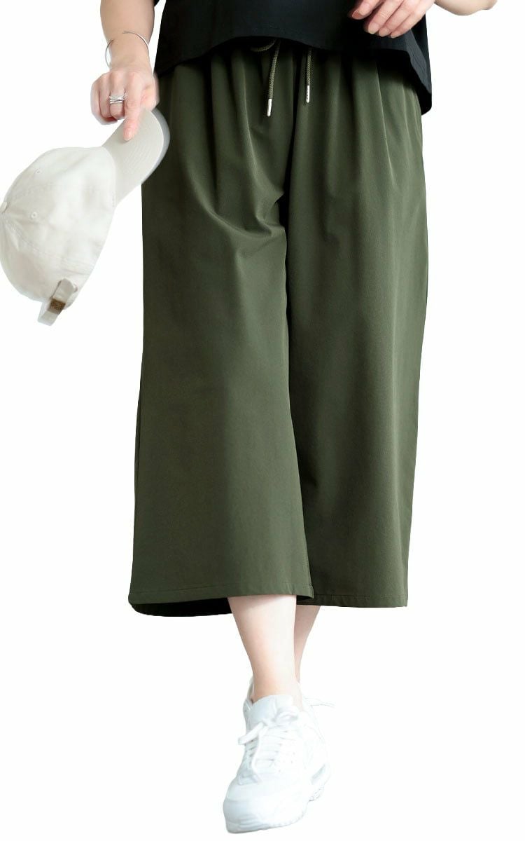 大きいサイズ レディース 軽量ストレッチクロップドワイドパンツ カーキ