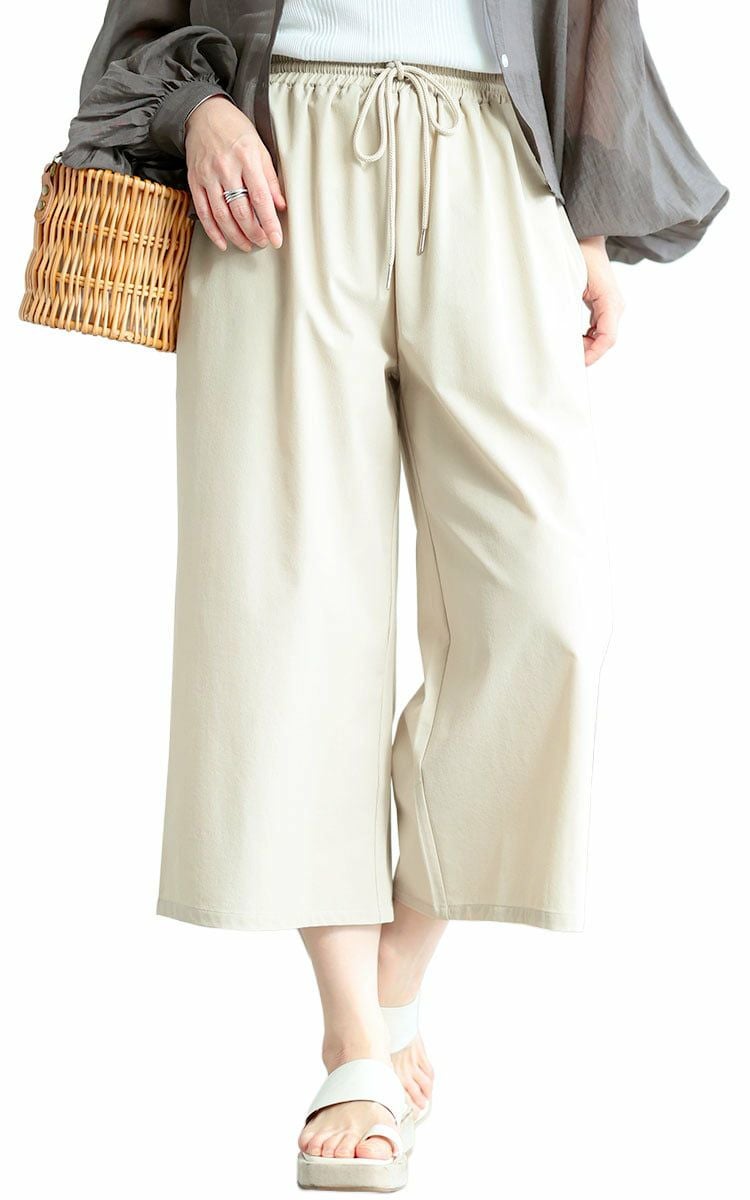大きいサイズ レディース 軽量ストレッチクロップドワイドパンツ アイボリー