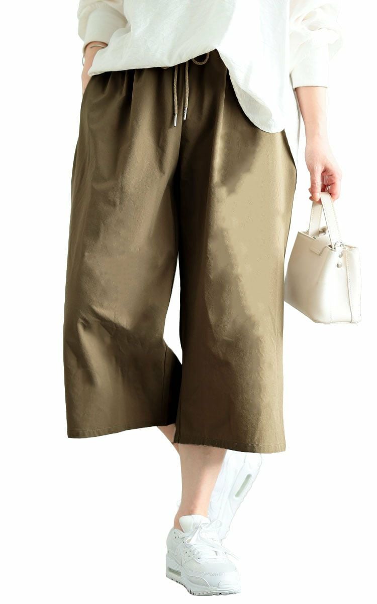 大きいサイズ レディース 軽量ストレッチクロップドワイドパンツ ベージュ