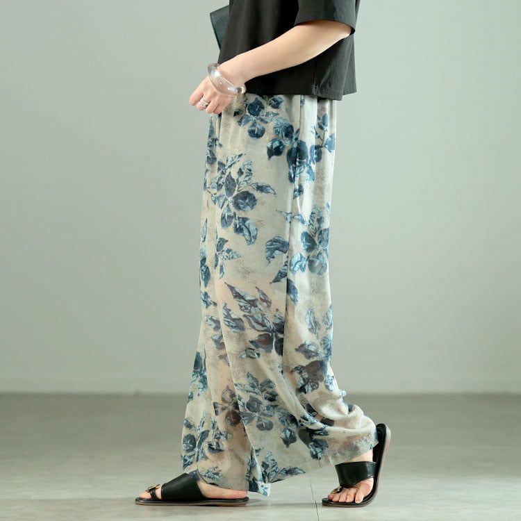 大きいサイズ レディース ぼかし花柄シフォンワイドパンツ
