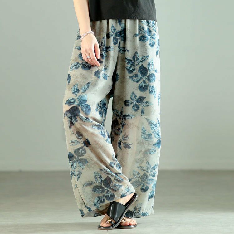 大きいサイズ レディース ぼかし花柄シフォンワイドパンツ グレー