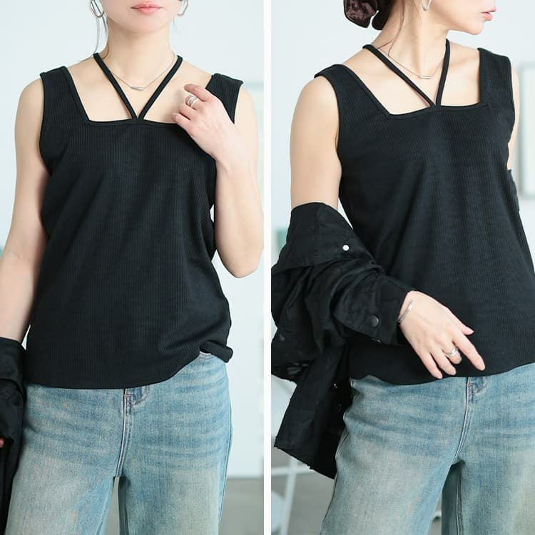 大きいサイズ レディース 前後2wayホルターネックリブタンクトップ