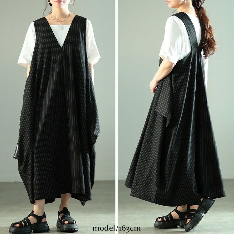 大きいサイズ レディース 2wayストライプ柄変形ジャンパースカート nw