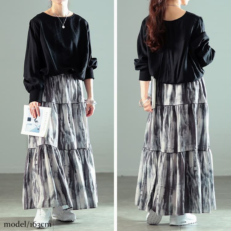 大きいサイズ レディース ニュアンス柄ティアードスカート