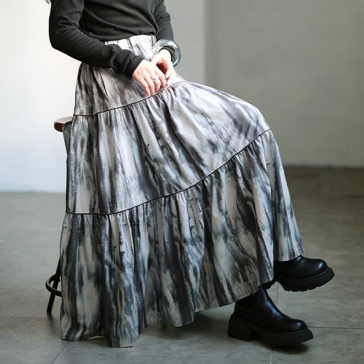 大きいサイズ レディース ニュアンス柄ティアードスカート