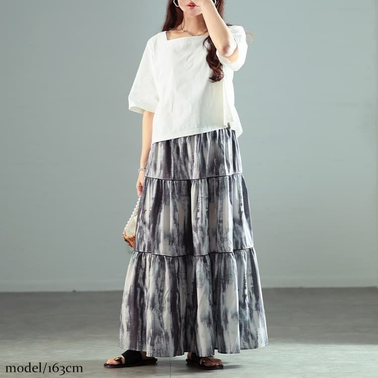 大きいサイズ レディース ニュアンス柄ティアードスカート