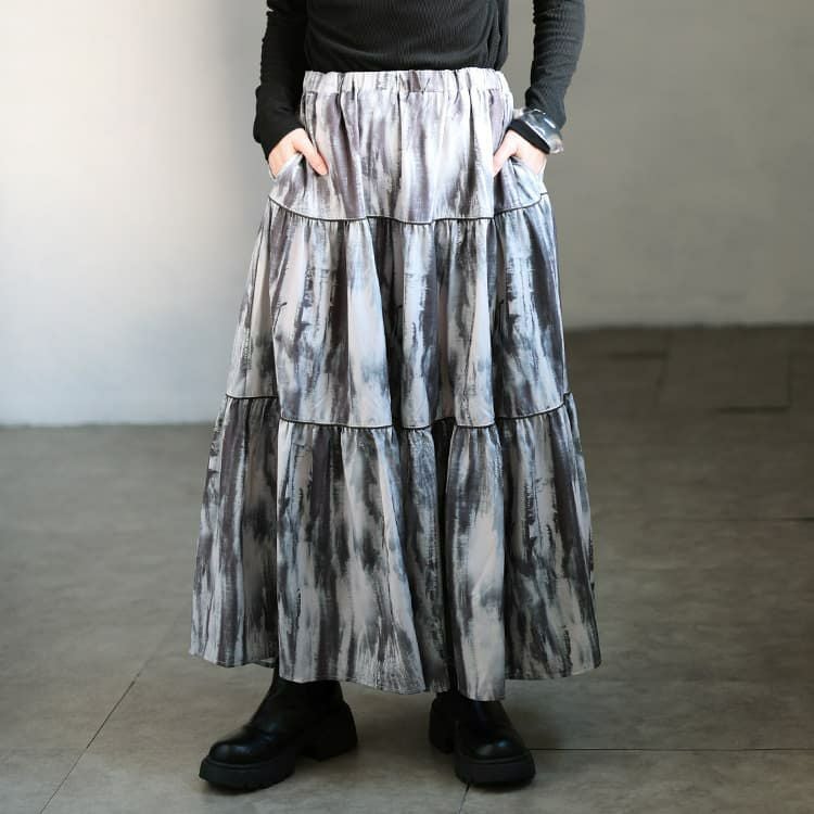 大きいサイズ レディース ニュアンス柄ティアードスカート グレー