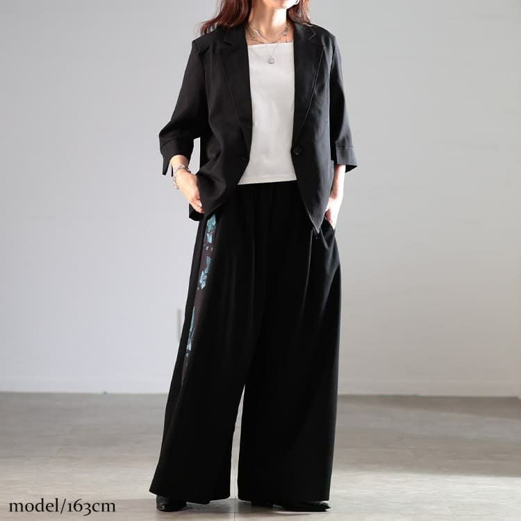 大きいサイズ レディース 花柄サイドラインワイドパンツ