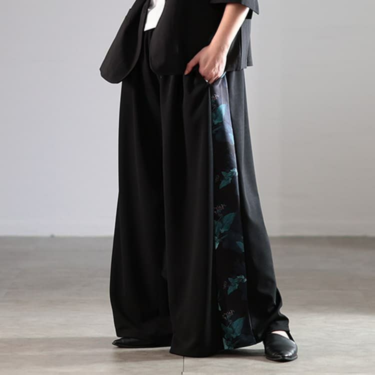 大きいサイズ レディース 花柄サイドラインワイドパンツ