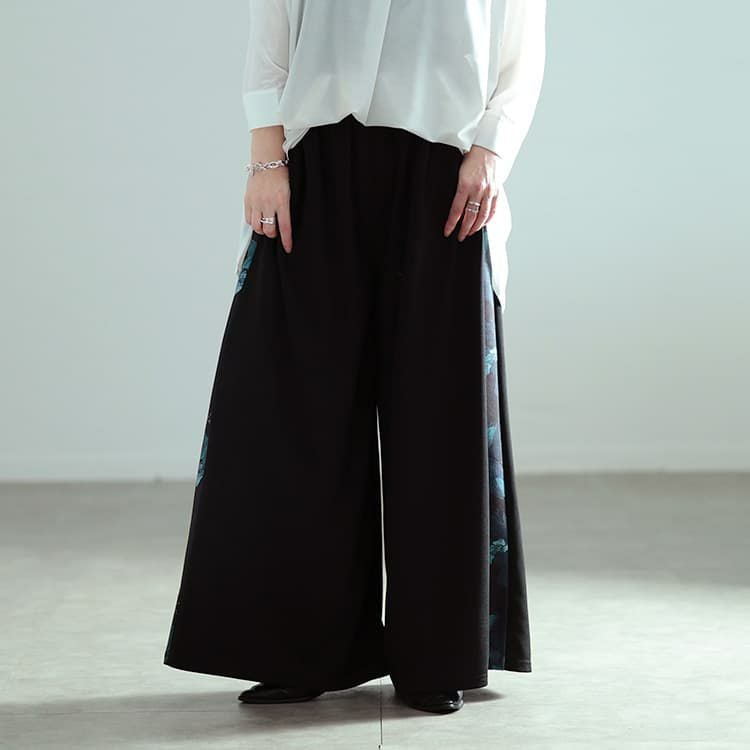 大きいサイズ レディース 花柄サイドラインワイドパンツ