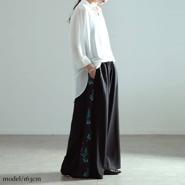 大きいサイズ レディース 花柄サイドラインワイドパンツ