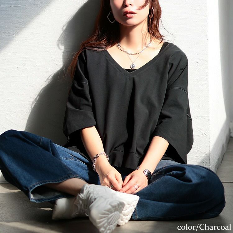 大きいサイズ レディース 深Vネッククロップド丈プルオーバー