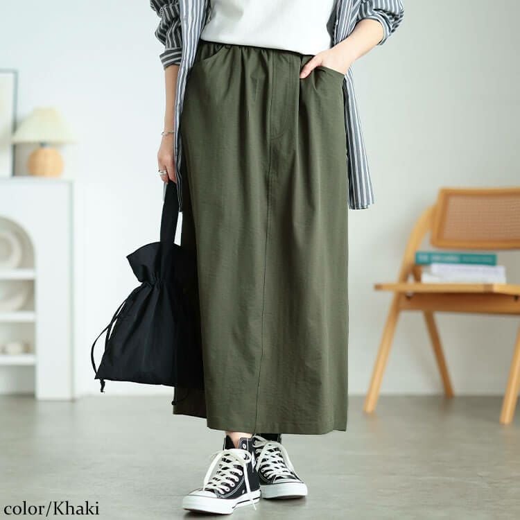 大きいサイズ レディース 接触冷感ストレッチナロースカート カーキ