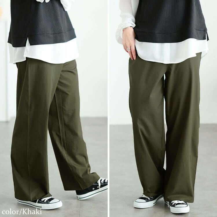 大きいサイズ レディース 接触冷感ストレッチワイドパンツ カーキ