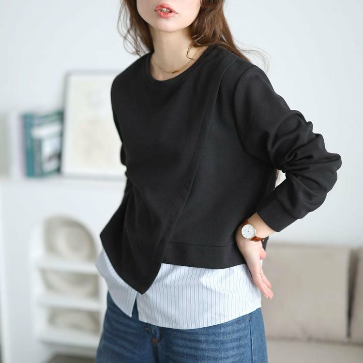 大きいサイズ レディース 重ね着風アシメデザイントップス ブラック