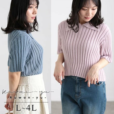 大きいサイズ レディース スパンコール衿付きニット