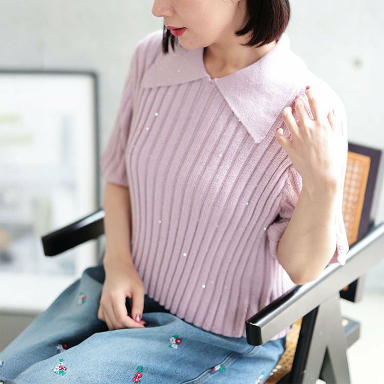 大きいサイズ レディース スパンコール衿付きニット