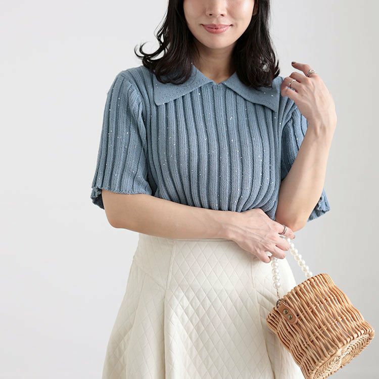 大きいサイズ レディース スパンコール衿付きニット