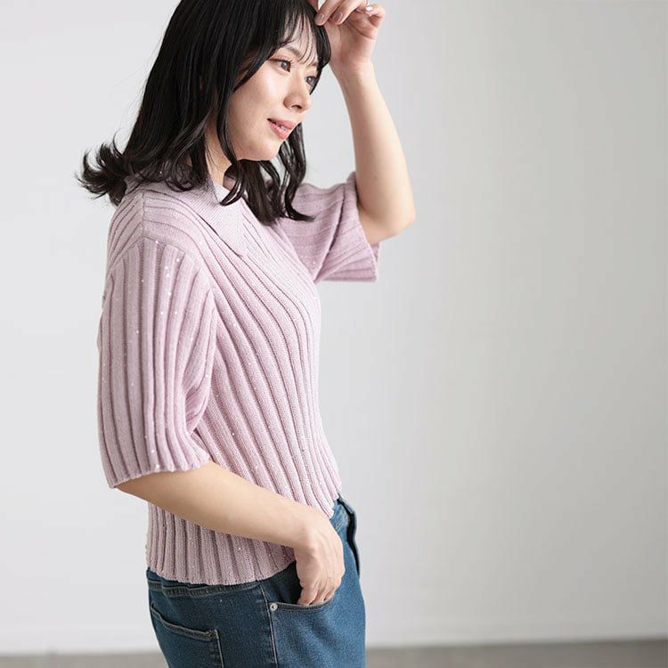 大きいサイズ レディース スパンコール衿付きニット