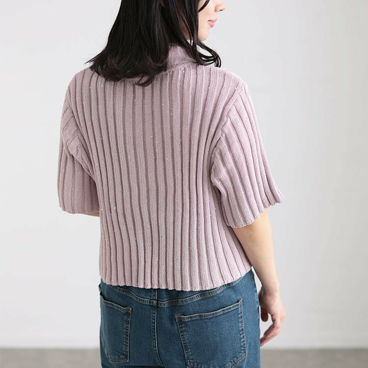 大きいサイズ レディース スパンコール衿付きニット