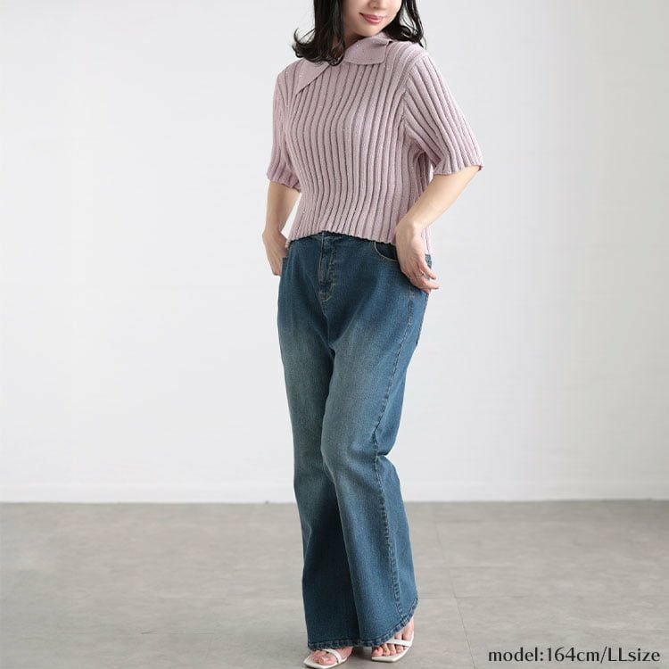 大きいサイズ レディース スパンコール衿付きニット