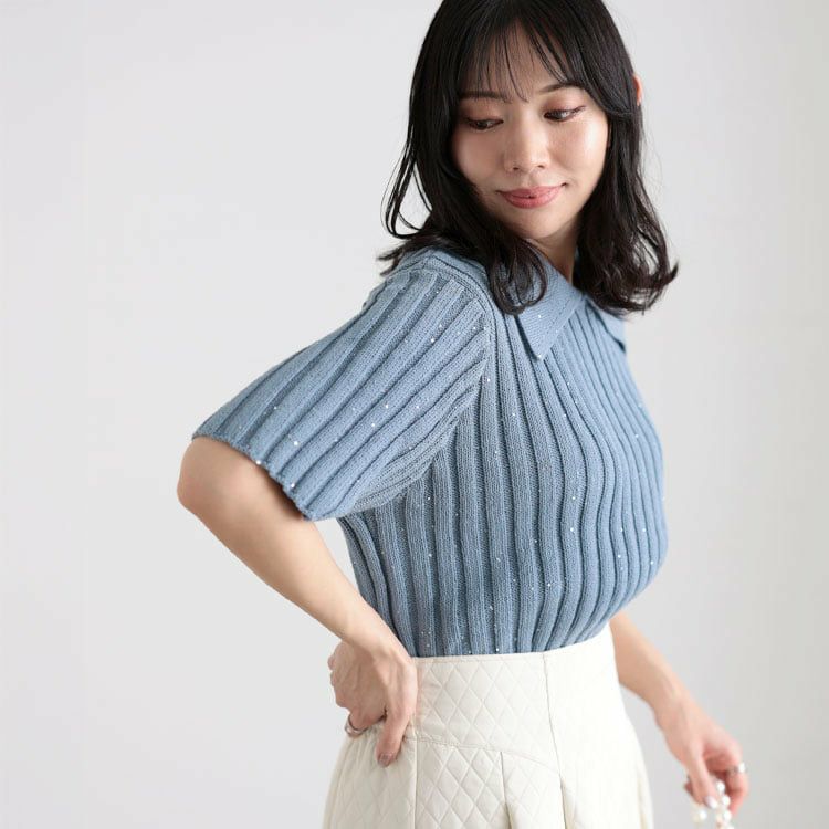 大きいサイズ レディース スパンコール衿付きニット