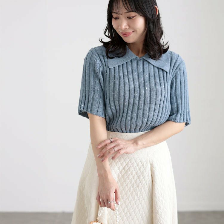 大きいサイズ レディース スパンコール衿付きニット