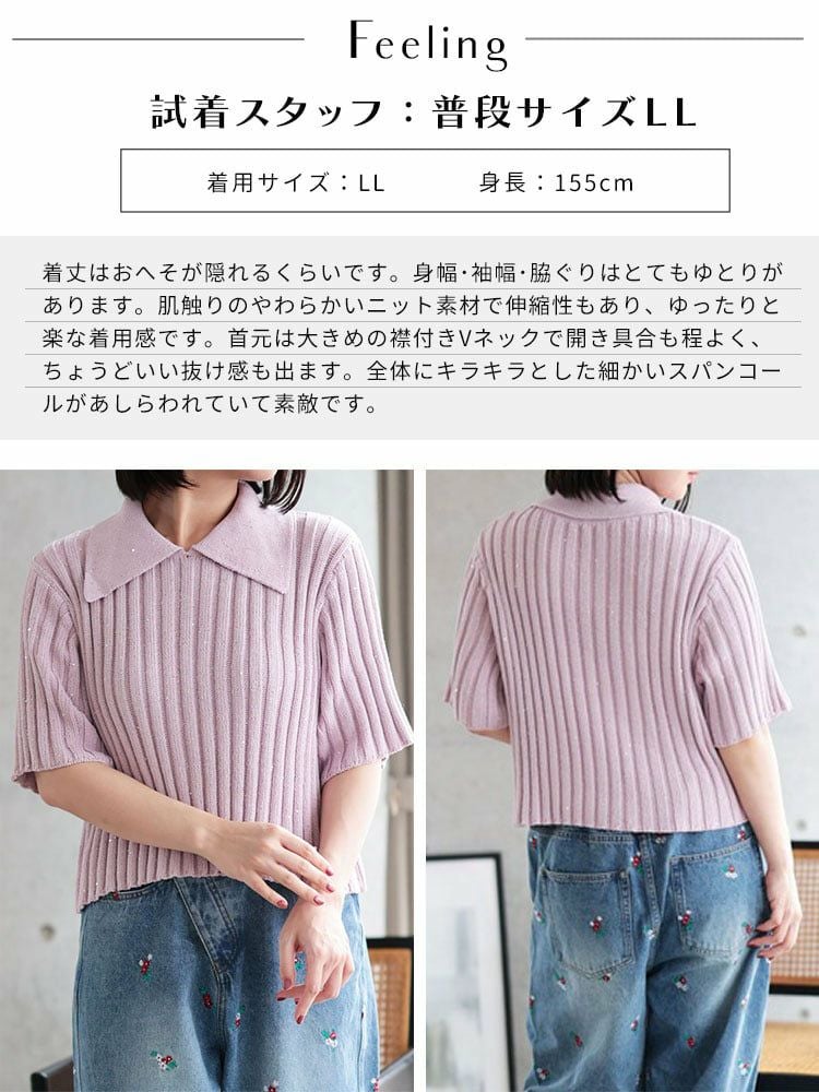 大きいサイズ レディース スパンコール衿付きニット