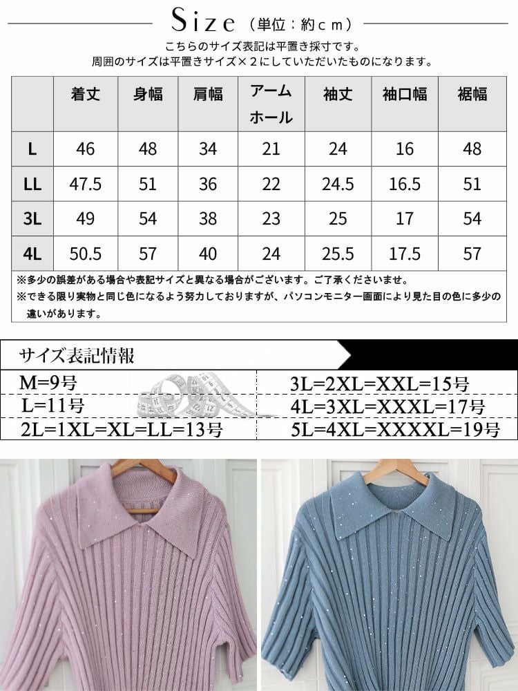 大きいサイズ レディース スパンコール衿付きニット