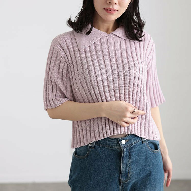 大きいサイズ レディース スパンコール衿付きニット ピンク