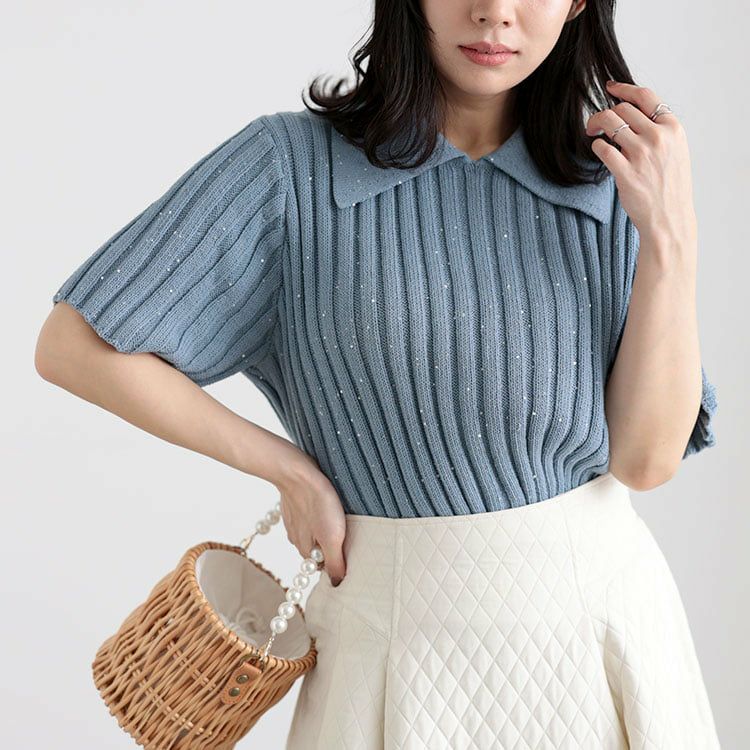 大きいサイズ レディース スパンコール衿付きニット サックス