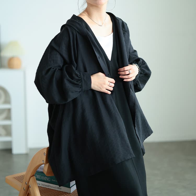 大きいサイズ レディース ストライプドビーパーカーシャツチュニック ブラック