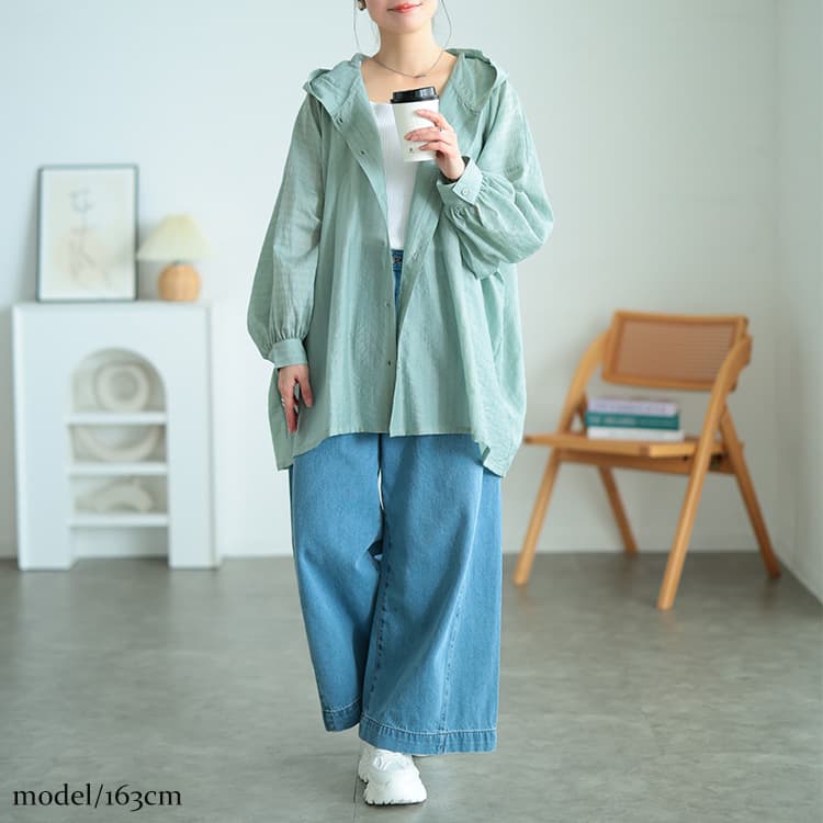 大きいサイズ レディース ストライプドビーパーカーシャツチュニック グリーン