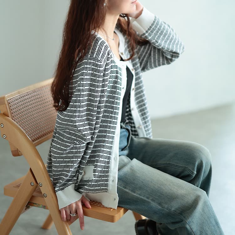 大きいサイズ レディース ランダムボーダー透かし編みカーディガン
