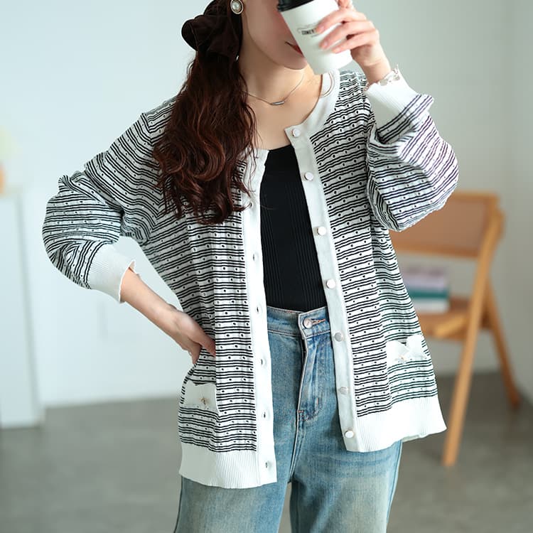 大きいサイズ レディース ランダムボーダー透かし編みカーディガン