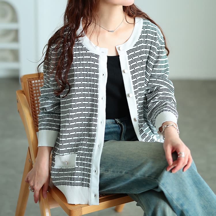 大きいサイズ レディース ランダムボーダー透かし編みカーディガン