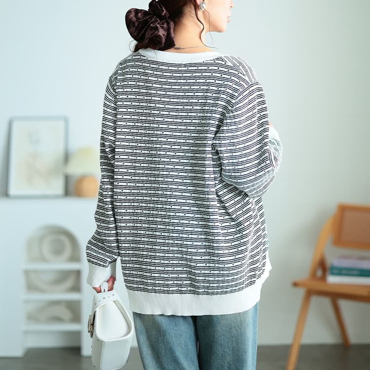 大きいサイズ レディース ランダムボーダー透かし編みカーディガン