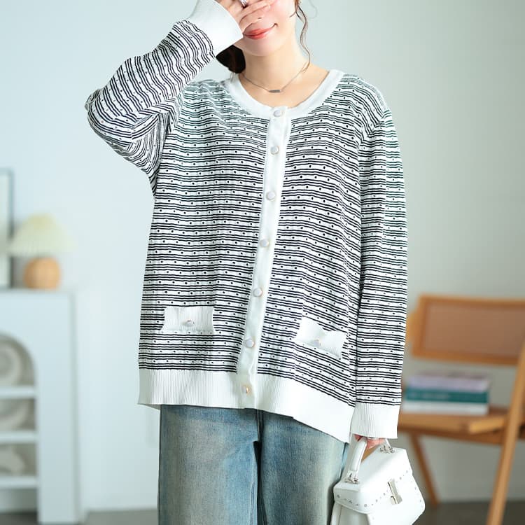 大きいサイズ レディース ランダムボーダー透かし編みカーディガン