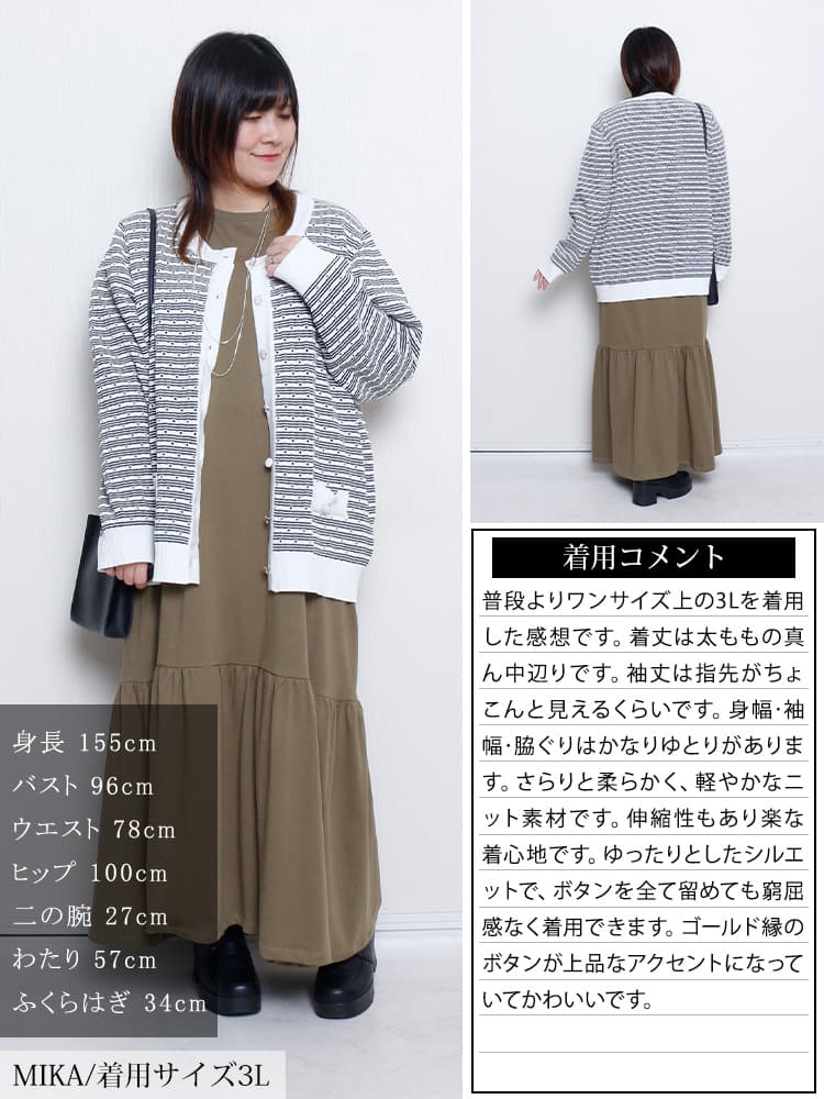 大きいサイズ レディース ランダムボーダー透かし編みカーディガン