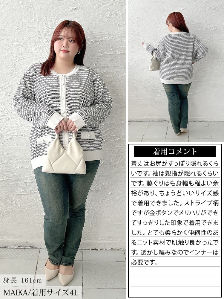 大きいサイズ レディース ランダムボーダー透かし編みカーディガン