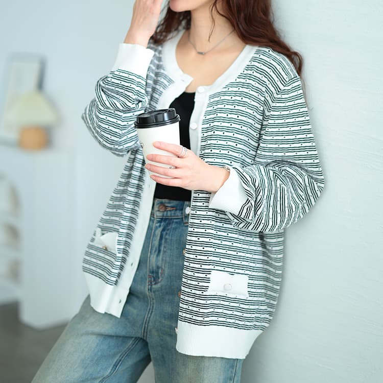 大きいサイズ レディース ランダムボーダー透かし編みカーディガン ブラック