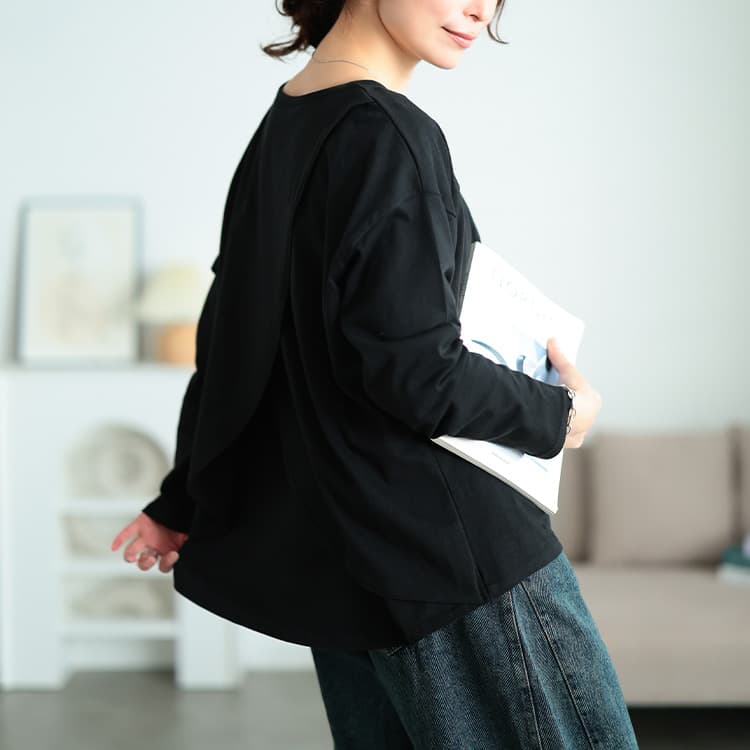 大きいサイズ レディース 後ろレイヤードコットンプルオーバー