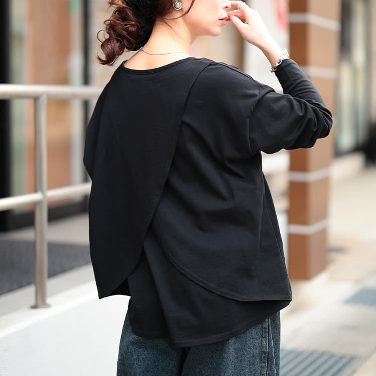 大きいサイズ レディース 後ろレイヤードコットンプルオーバー