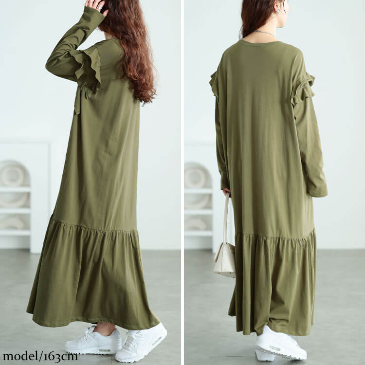 大きいサイズ レディース フリルショルダーコットンティアードワンピース