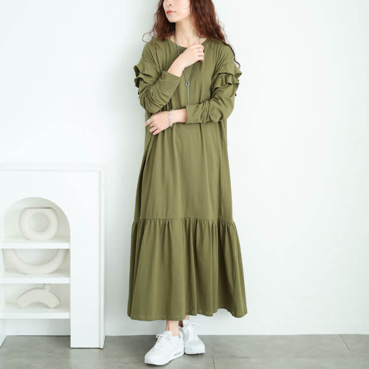 大きいサイズ レディース フリルショルダーコットンティアードワンピース