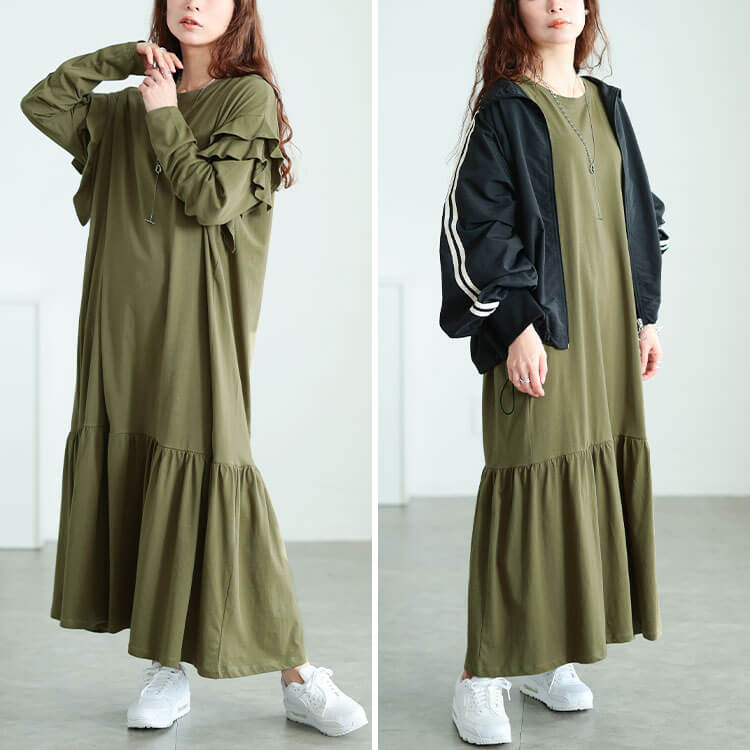 大きいサイズ レディース フリルショルダーコットンティアードワンピース