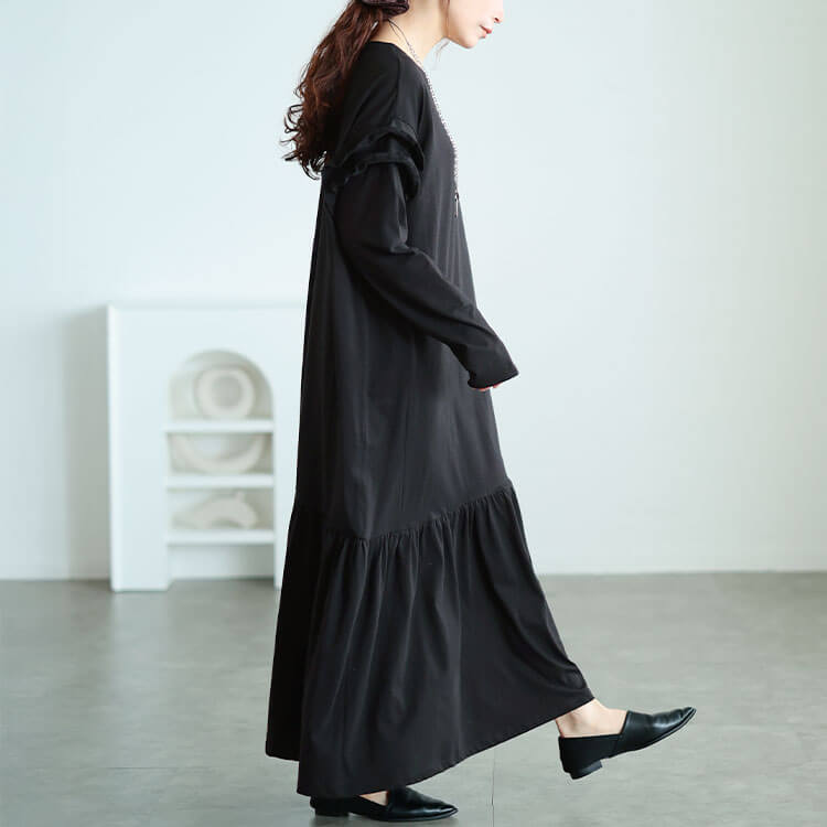 大きいサイズ レディース フリルショルダーコットンティアードワンピース