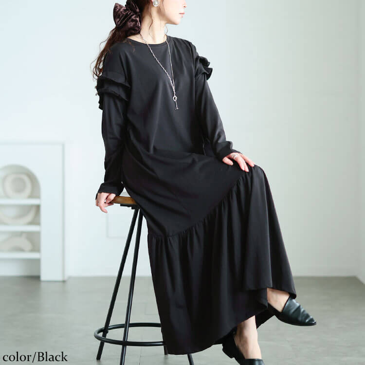 大きいサイズ レディース フリルショルダーコットンティアードワンピース ブラック