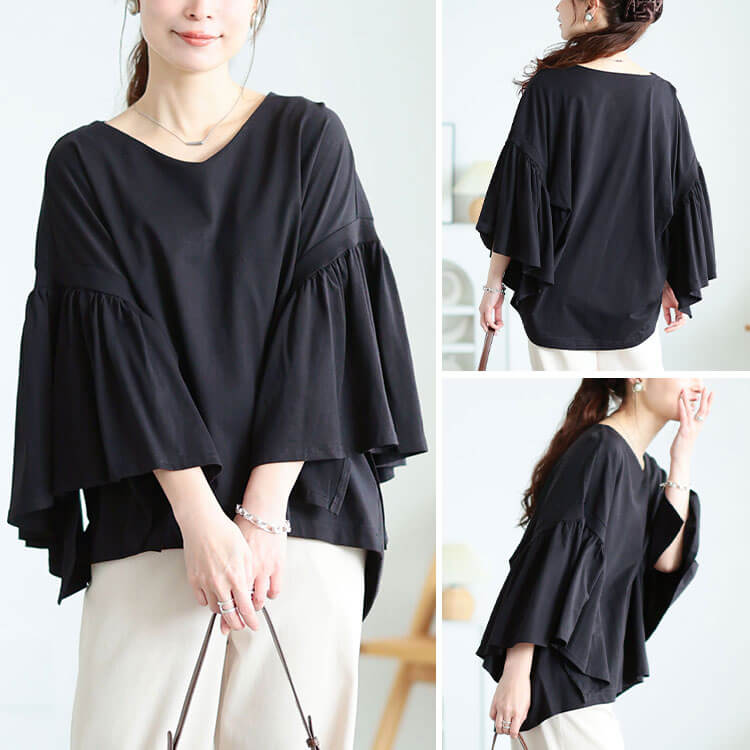 大きいサイズ レディース ギャザーフレアスリーブコットンプルオーバー