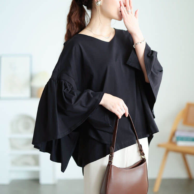 大きいサイズ レディース ギャザーフレアスリーブコットンプルオーバー